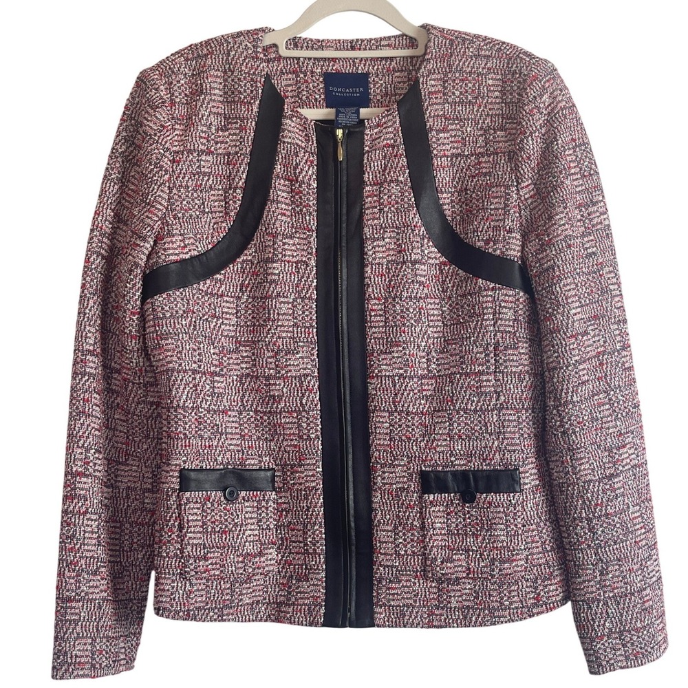 00780 Doncaster Collection Boucle'‎ Jacket Leather Panel Zip Front Career Blazer